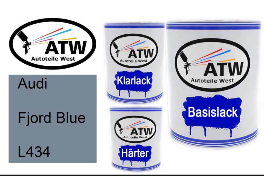 Audi, Fjord Blue, L434: 1L Lackdose + 1L Klarlack + 500ml Härter - Set, von ATW Autoteile West.